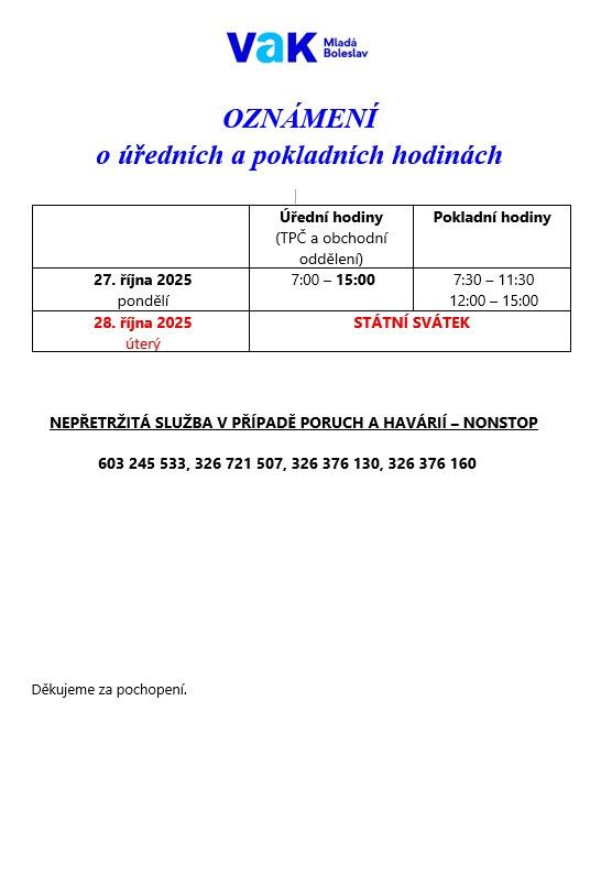 Úřední a pokladní hodiny říjen 2025