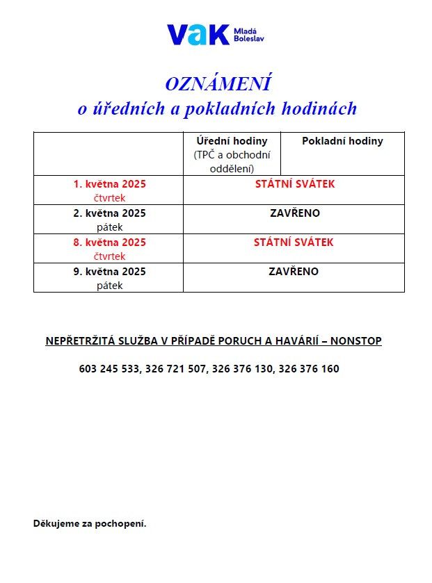 Změna úředních a pokladních hodin květen 2025